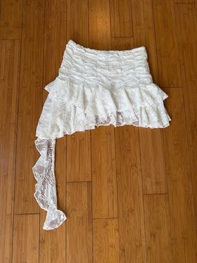 White Lace Ruffle Mini Skirt with Side Tie